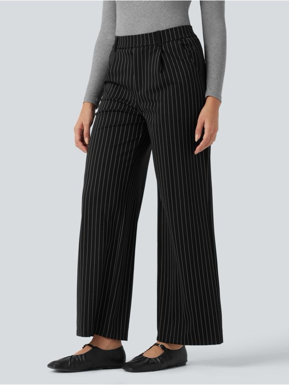 HALARA Black Pinstripe Wide-Leg Trousers